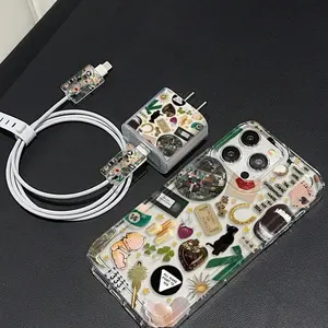 Disco Pattern Phone Case with Charger Head Cover & Cable Protector & Storage Rope, Anti-drop Cellphone Protective Case, Total Protective Shockproof Mobile Phone Cover for iPhone, Casing