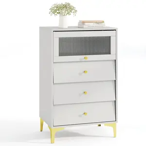 COSTWAY - Modern Storage Cabinet with Flip Up Fluted Glass Door and Pull-out Drawers-Gray
