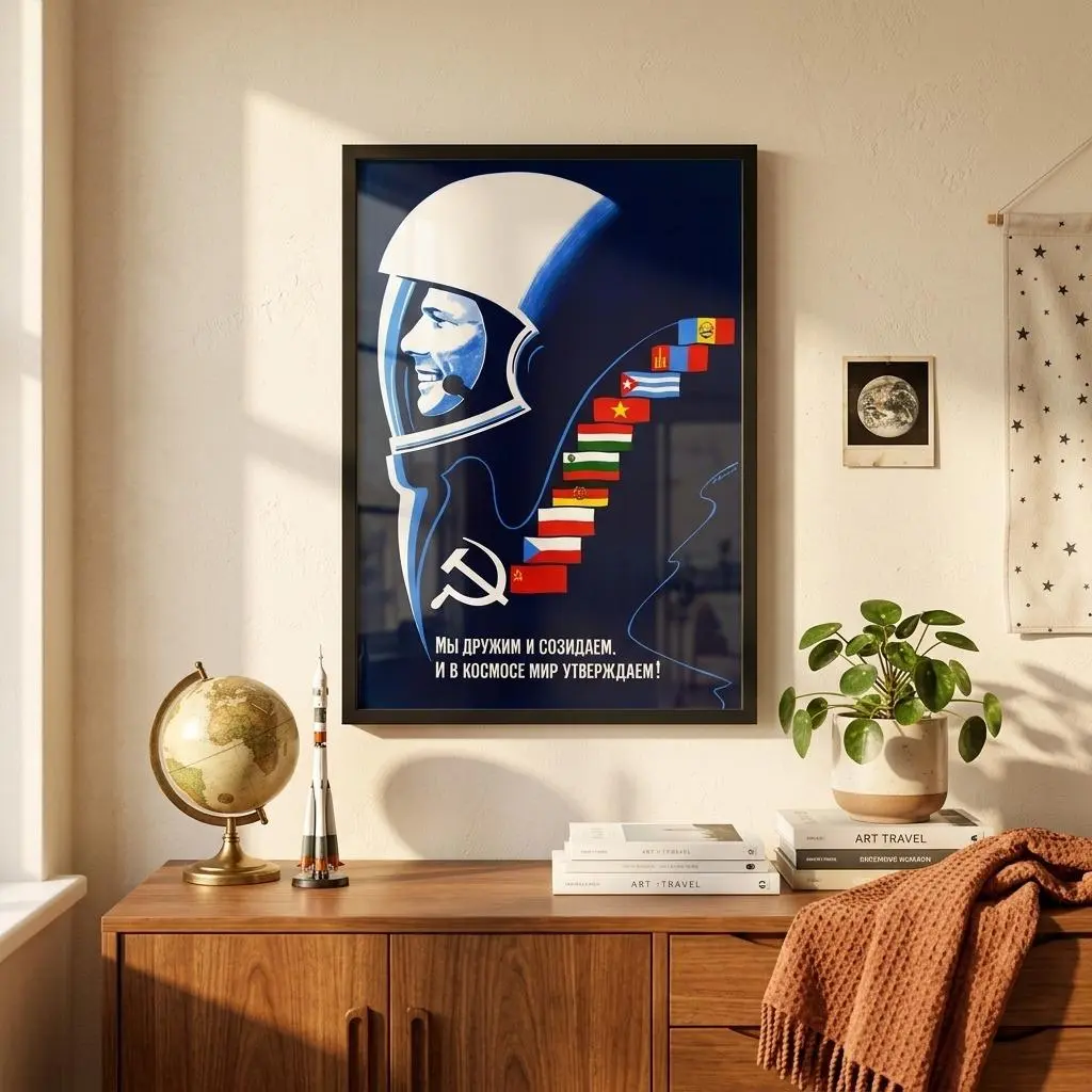 Soviet Yuri Gagarin Poster, Communist Russia USSR Wall Art, Russian Soviet Propaganda Print, Vintage Cosmonaut Space Poster, Military History Decor, Retro Space Exploration Artwork, Framed Style Wall Print, History Gift