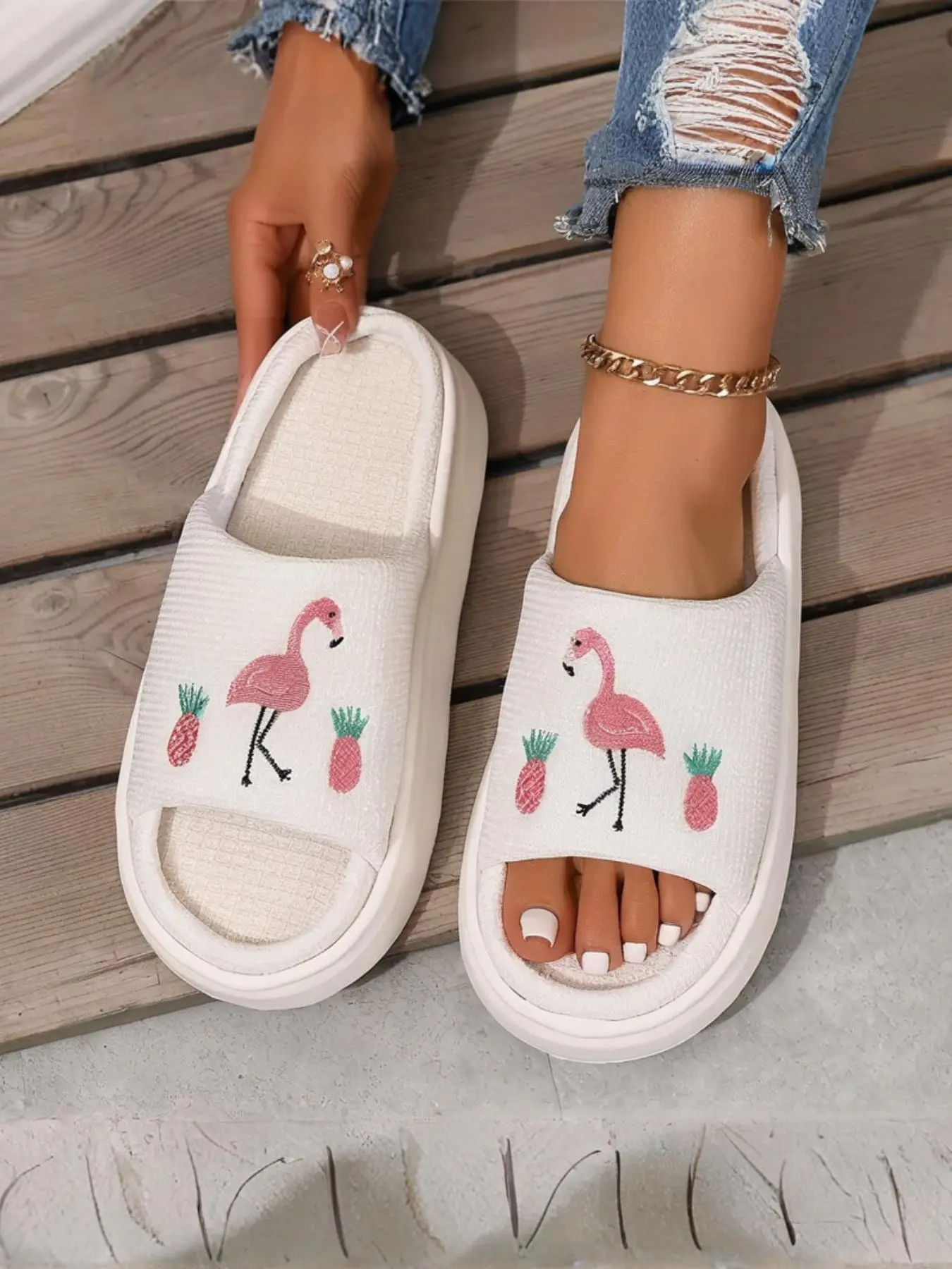 Women's Cartoon Pattern Open-Toe Slippers, All-Season Anti-Slip Home Shoes, Fashionable Textile Eva Sole, Wearable Outside