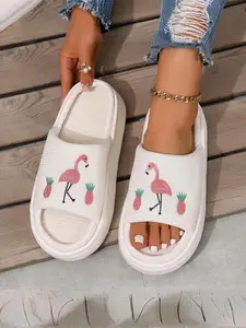 Women's Cute Cartoon Flamingo Pattern Slippers, Casual Soft Comfortable Home Slippers, Non-slip Open Toe Slippers for Indoor & Outdoor Wear, Girl