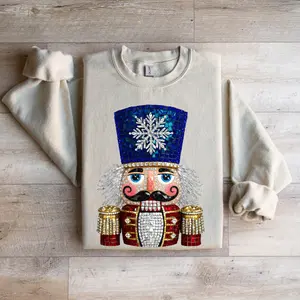 Faux Rhinestone Nutcracker Sweatshirt, Womenswear Sweater Christmas Comfortable Oversized Printed Soft