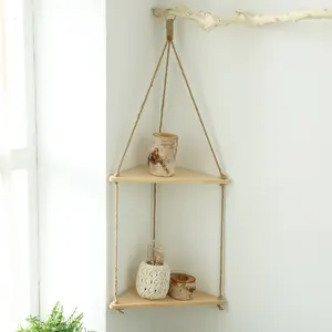 1Pc 2-Tier Corner Hanging Shelf, Boho Triangle Wall Mount Shelf, Rustic Macrame Rope Floating Shelf, Bohemian Corner Storage Rack, Minimalist Wall Hanging Organizer, Space-Saving Display Shelf for Bathroom, Bedroom, Living Room, Kitchen, Plant Decor, Boho