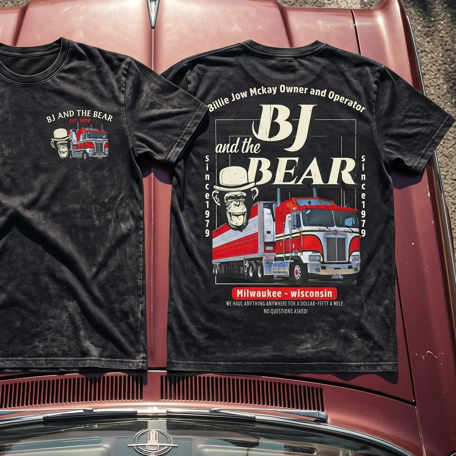 BJ and the Bear Vintage TV Show 2 Sides T-Shirt, Billie Joe "B.J." McKay and Bear Chimpanzee Classic Trucker Graphic Sweatshirt, Retro American Television Series Fan Hoodie, 1970s Road Adventure Gift for Classic TV Lovers
