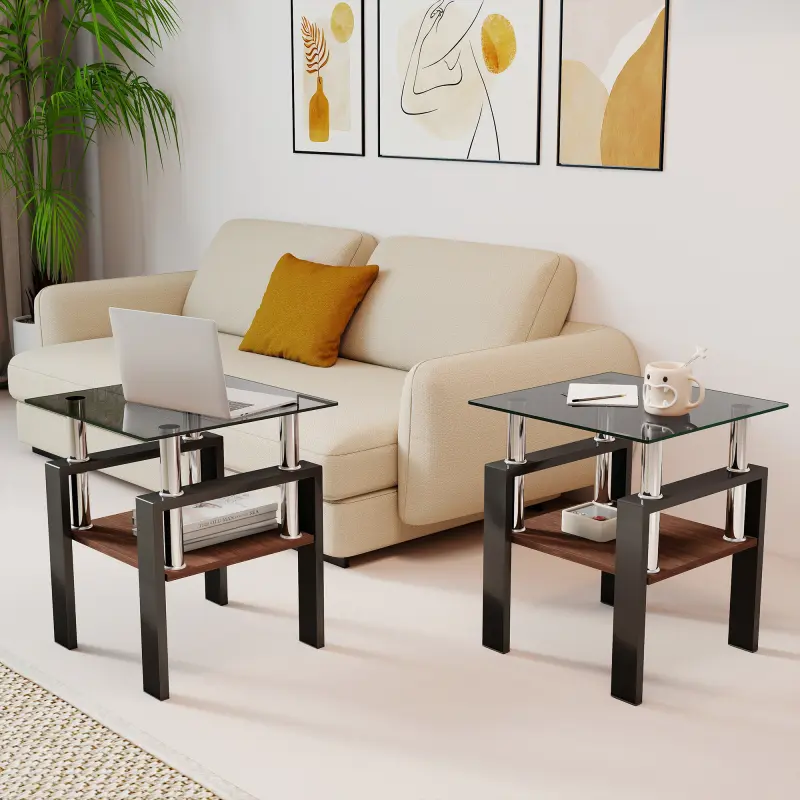 End Tables Living Room Set of 2, Small Square Side Table with MDF Layer, Modern Tempered Glass Night Stand Set 2, for Living Room Bedroom (2Pcs)