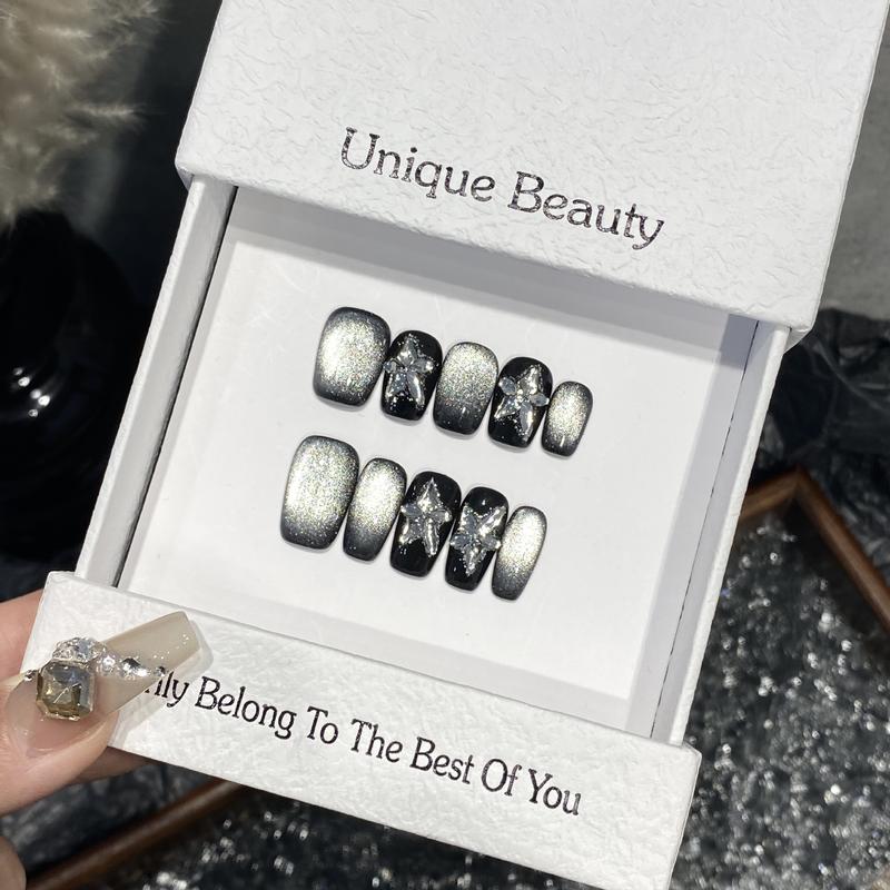 Black Press on Nails Short Square Fake Nails with Cat Eye Designs Glitter Full Cover Nails Press ons Change Color Acrylic Nails Reusable Stick on Nails for Women 10 Pcs 01