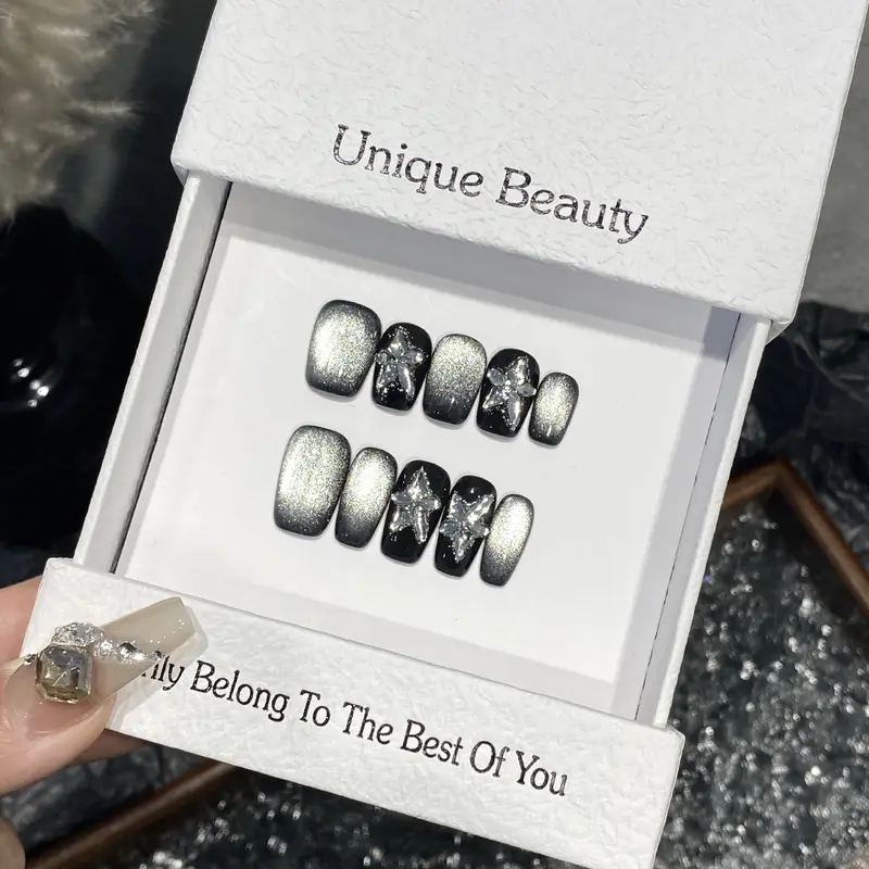 Black Press on Nails Short Square Fake Nails with Cat Eye Designs Glitter Full Cover Nails Press ons Change Color Acrylic Nails Reusable Stick on Nails for Women 10 Pcs 01