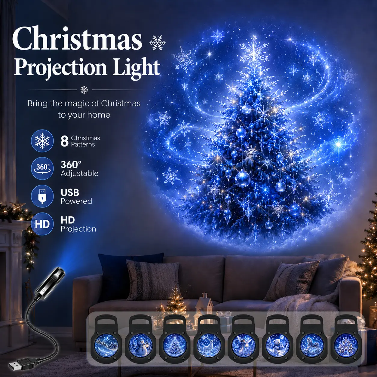 Christmas pattern projection festive lighting decorative night light. 8 Christmas projection patterns with trees, Santa, snowmen and more, creating festive decorative lighting for any room.
