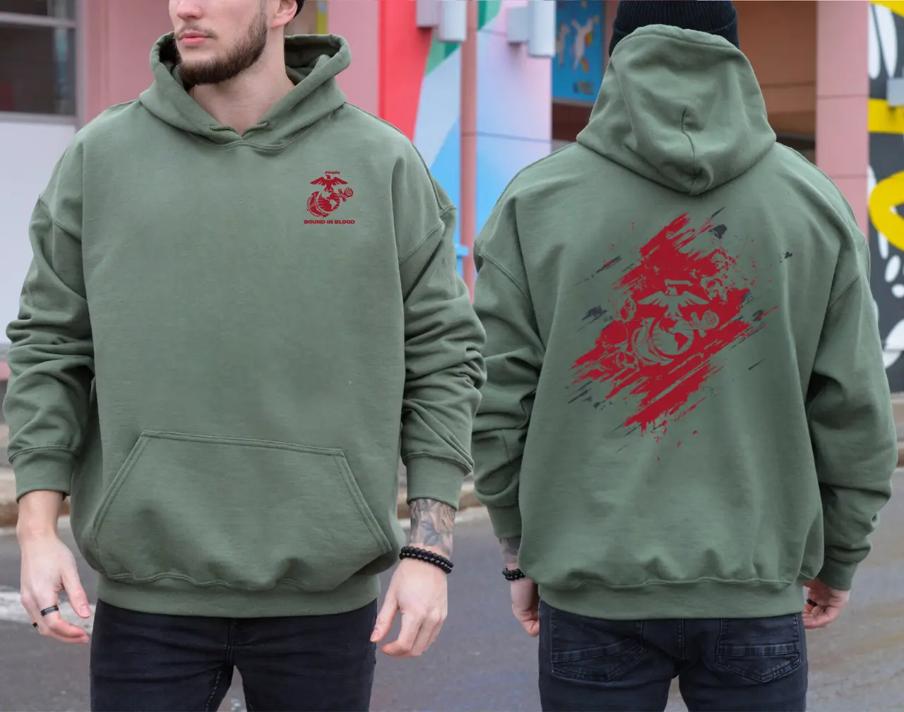 Gildan USMC Bound in Blood Hoodie, Marine Corps Eagle Globe & Anchor Graphic Pullover, 2-Sided Military Print Hoodie, Patriotic Veteran Apparel, Relaxed Fit Casual Streetwear, Marine Corps Gift