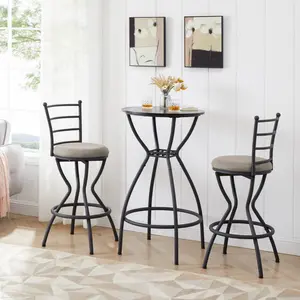 Industrial Dining Table Set of 3, bar Height bar Table and Chair Set, with footrest Fabric Cushion,Suitable for Small Pubs, Bars, Black