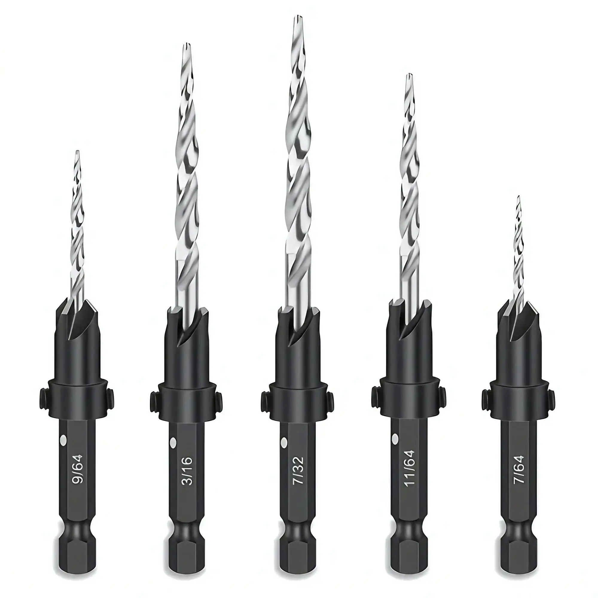 Woodworking Countersink Drill Bit Set, 7/64 9/64 11/64 3/16 7/32 HSS Drill Bit Set, Power Tool Accessories for Woodworking DIY Cabinet
