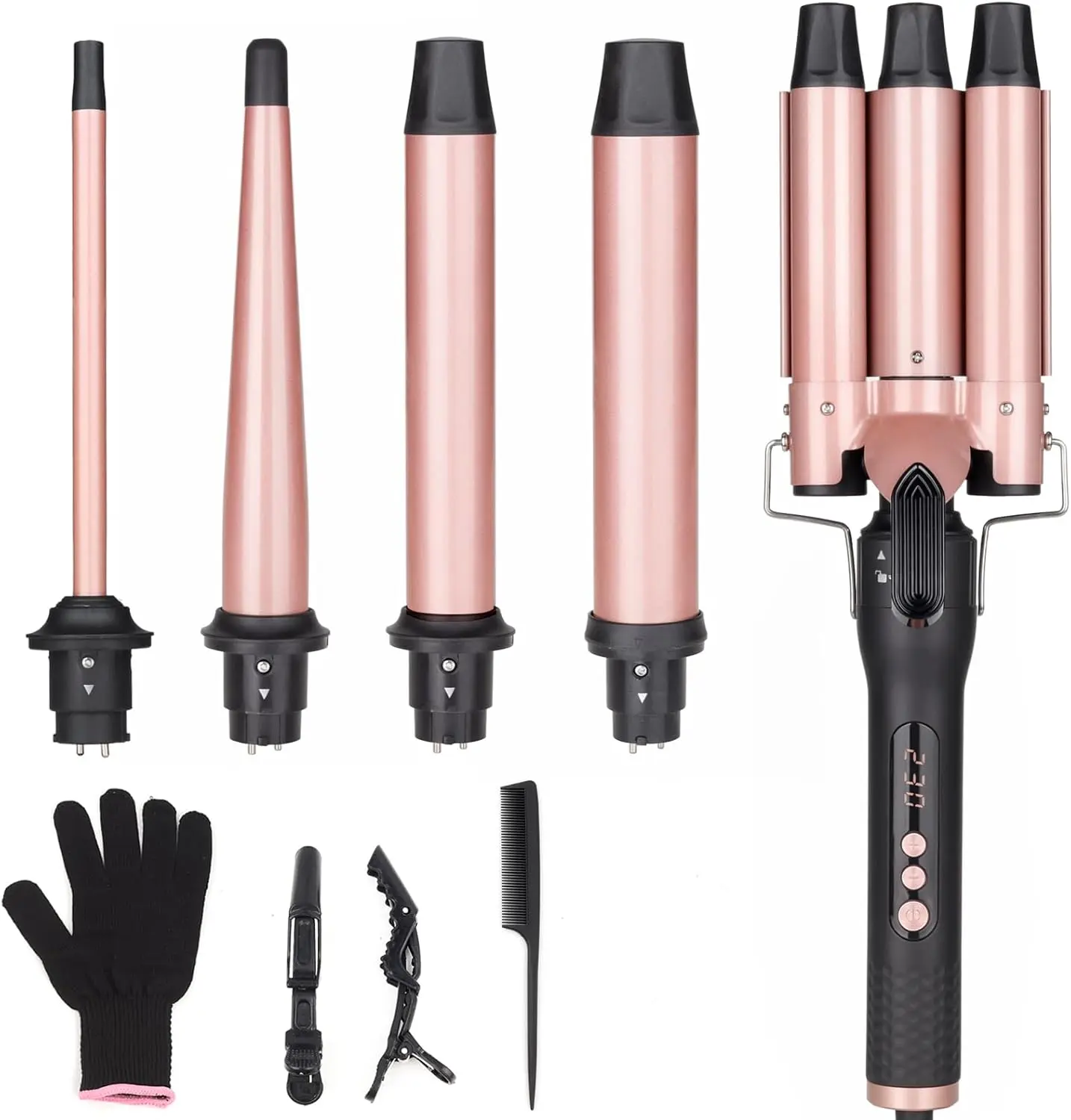 UNOBEY 5 in 1 Curling Wand Set, Three Barrel Curling Iron Set | with 3 Barrel Hair Waver and 4 Interchangeable Ceramic Hair Curler Tool(1/2 to 1 1/2 inch), Fast Heating, Include Glove