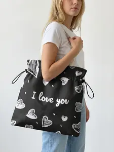 Heart Pattern 2D Printed Drawstring Tote Bag, Storage Tote, Large Capacity Shopping Bag, Durable and Wear-Resistant, Ideal for Work, Shopping, Picnic