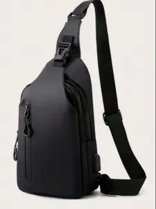 Men's Casual Plain Zipper Chest Bag with USB Charging Port, Lightweight Single Shoulder Bag, Versatile Solid Color Sports Hiking Adjustable Crossbody Bag