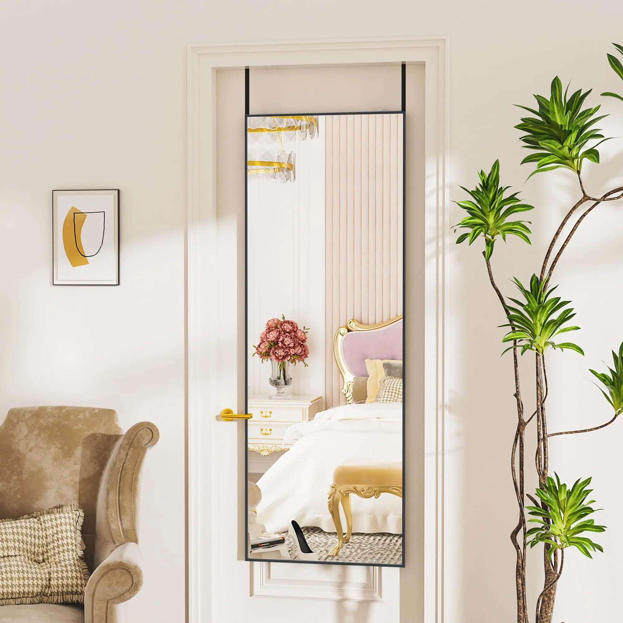 Door Mirror, Full Length Mirror Over The Door, 14'' x 48'' Hanging Mirror, Rectangular Wall Mirror, Wall Mounted/Hanging/Leaning, Home Decor, Black