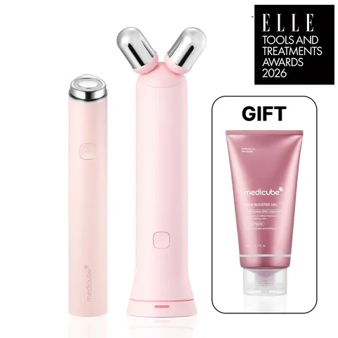 [medicube] Booster Facial V-Roller Device - Pink / Beige ㅣMini Booster Pro Plus + Booster Face Roller Head + FREE PDRN Booster GelㅣK-beauty Facial Device for skin definition, plump-looking appearance, puffiness, and skin relaxion