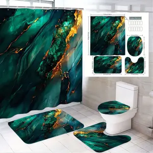 1/4pcs Elegant Teal & Gold Marble-Patterned Bathroom Set for Modern Luxury, Shower Curtain Sets, Shower Curtain (70x72) + 24x17/24x36 Bath Mats + 15x15 Toilet Lid Cover + 12x12 Oval Rug, Perfect for Valentine’s Day, Mother’s Day, Housewarming Decor