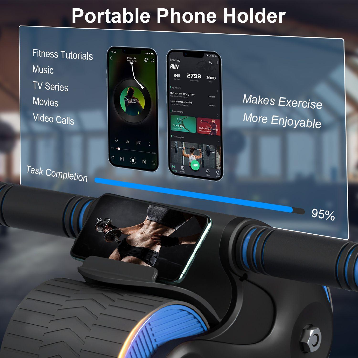 Automatic Rebound Abdominal Wheel Anti-slip AB Roller Wheel with Kneel Pad Phone Holder Home Gym Abdominal Exerciser for Men Women