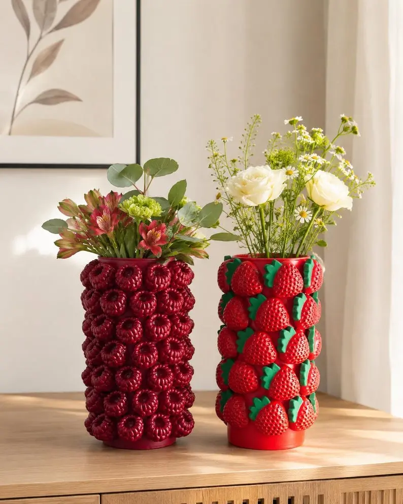 Strawberry & Raspberry Flower Vase, Handmade Glass Vase with Plaster Berry Texture, Cottagecore Home Decor