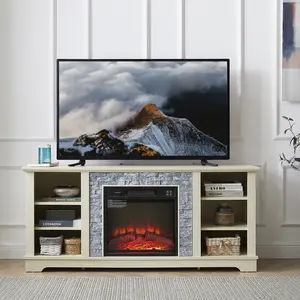 【2 Packages】58 Inch Electric Fireplace TV Stand for 65" TV, Mantel Media Console with 18" Insert & Remote, Faux Stacked Stone Open Storage for Living Room, White furniture