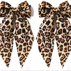 Hair Bows for Women Big Bow Hair Clips with Long Tail Hair Ribbon Satin Leopard Hair Bow Barrette for Women and Girls Ponytail Hair Accessories, Pack of 4. multiple colors