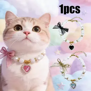 Pet Heart Bow Pearl Necklace, Adjustable Cat Collar, Dog Neck Chain, Pet Photo Prop, Holiday Gift, Fashion Pet Accessory Kittens