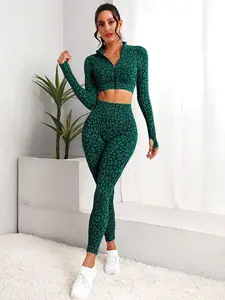 Women’s Sexy Leopard Print 2 Piece Outfit – Long Sleeve Crop Top & High Waist Skinny Pants Set for Yoga, Pilates & Casual Wear Animal Pattern Sportswear