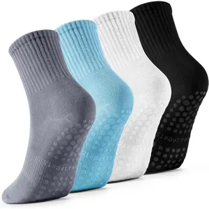 4 Pairs Pilates Socks with Grips for Women, Barre Yoga Grippy Socks, Womens Non Slip Pilates Crew Sticky Socks