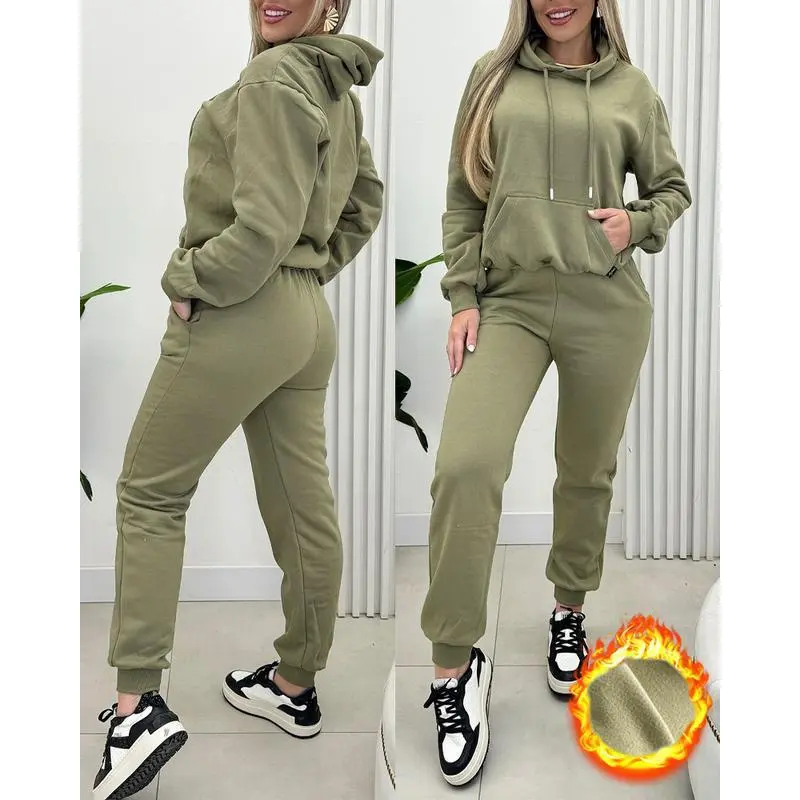 Women's 2-Piece Athleisure Tracksuit Set, Hooded Hoodie with Kangaroo Pocket & Fleece Lining, Cuffed Joggers with Adjustable Size, Casual Wear for Casual Outings