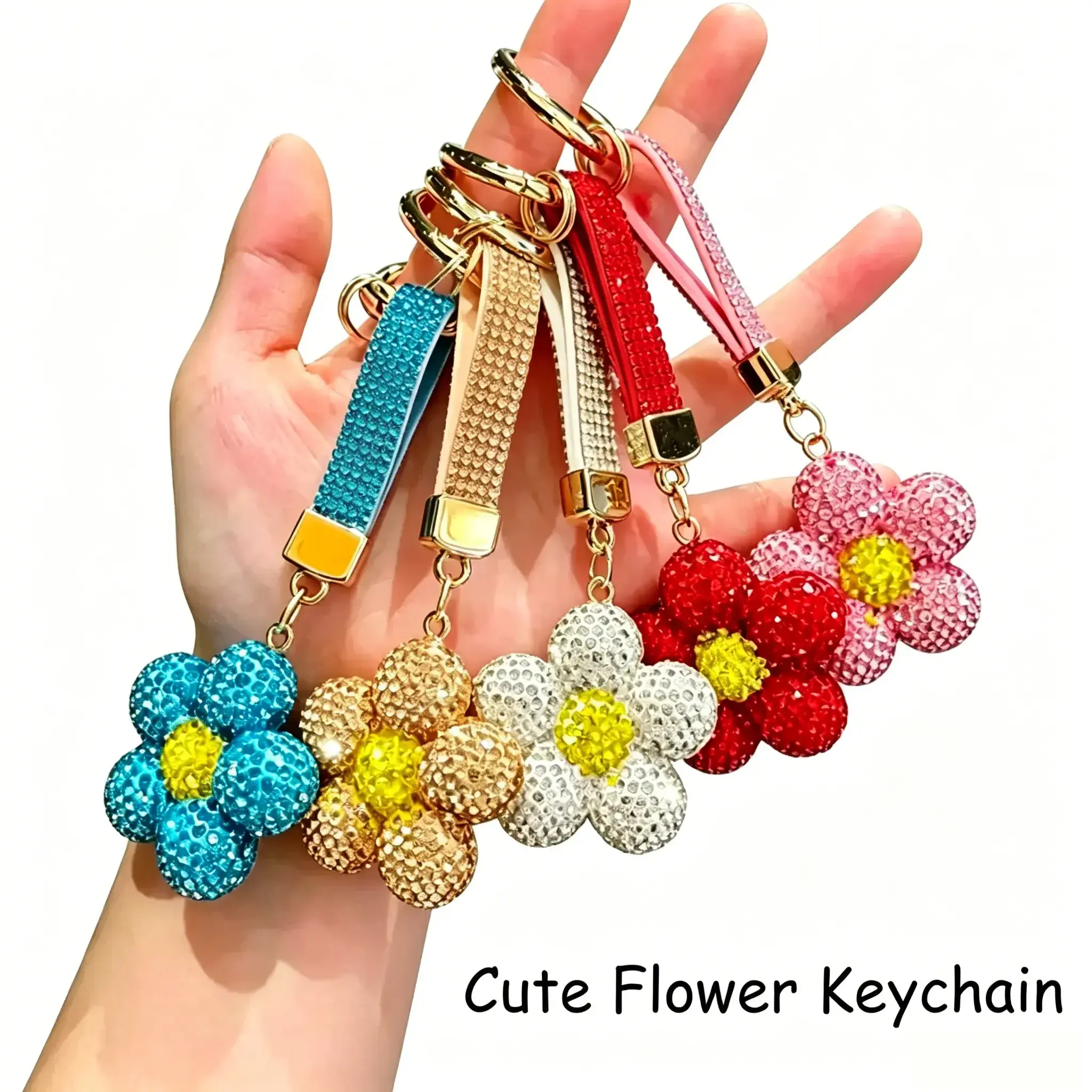 Shiny Crystal Floral Phone Charm Key Ring, Bling Rhinestone Flower Pendant, Elegant Fashion Casual Everyday Daily Accessory for Ladies, Fashion Keychain, Key Chain Cute