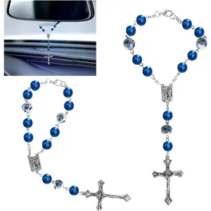 2 count  Rosary for Rearview Mirror, Blue Ceramic Beads Pendant  Interior Rear View Mirror Charm Auto Decor, Medal and   Accessories for Women Men