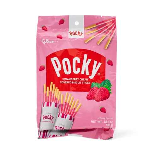 Glico Pocky Strawberry Cream Covered Biscuit Sticks - 9 Packs - 108 g Sweet Chocolate Cookie Snack Cooky