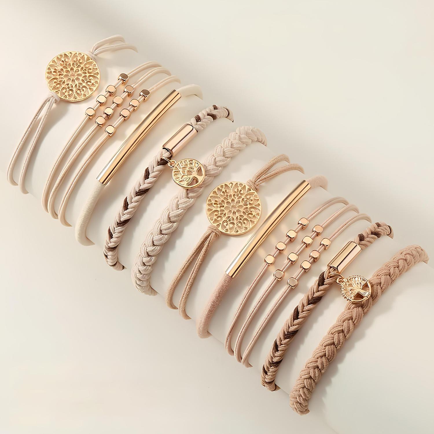 10 Boho Bracelets, Braided & Stretch Hair Ties for Thick/Thin Hair, 5 Styles, Light Coffee Colors - No Damage Ponytail Holders