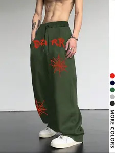 Men's Casual Loose-Fit Jogger Pants, Spider Web Print Drawstring Waistband, All-Season Comfortable Fabric for Everyday Wear
