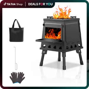 Wood Burning Camp Stove, Portable Cast Iron Wood Stove for Outdoor Hiking Picnic BBQ Travel, Black Camping Kitchenware Woodfire Grill