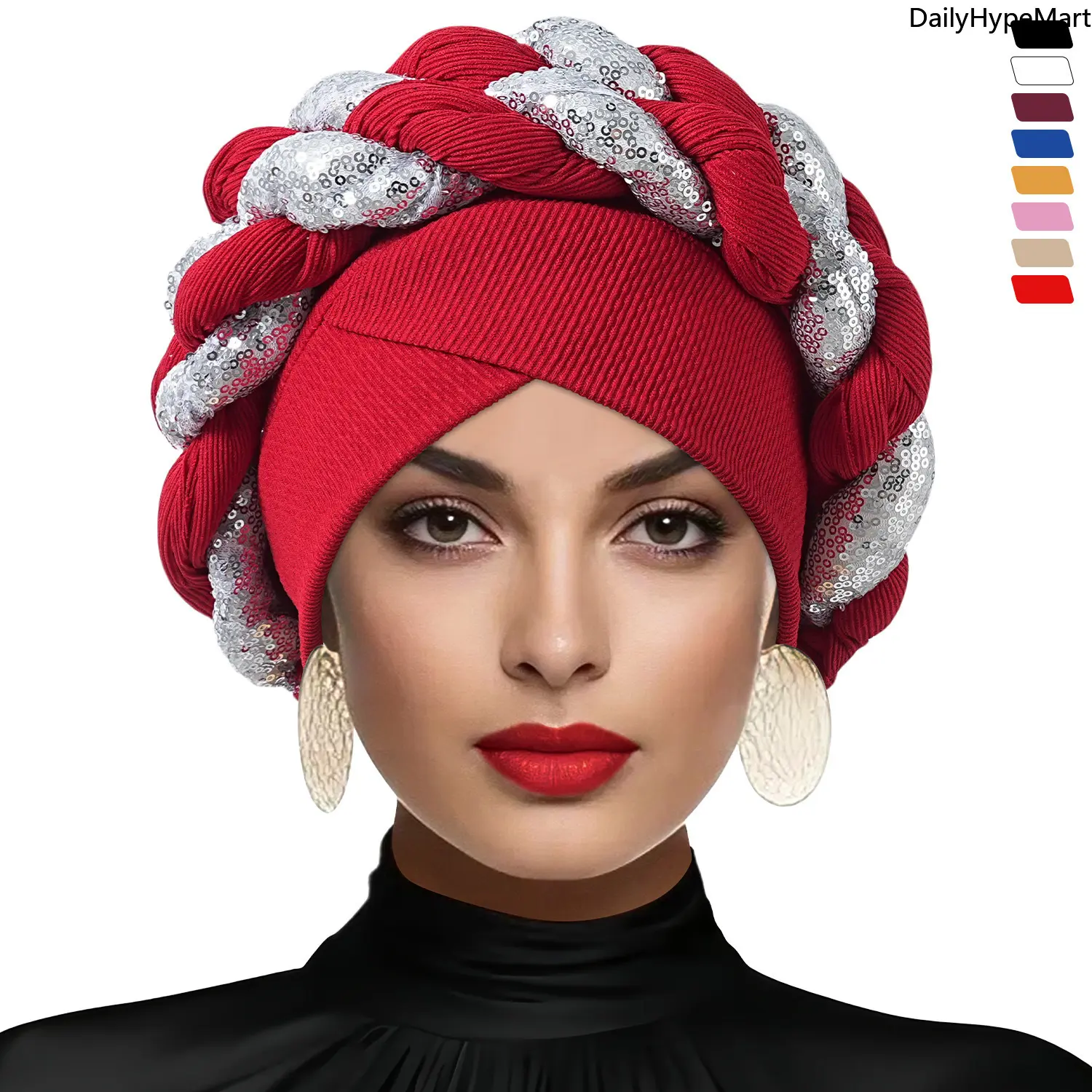 Women's Glitter Double-Braid African-Style Turban Headwrap, African Products Fashion Accessory for Daily Wear