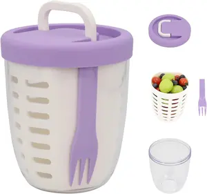 Fresh Fruit Salad Storage Cup To Go With Folding Handle, Lids, Fork & Drain Baskets, Reusable Leakproof Food Storage Containers With Removable Colander Keep Fresh Longer