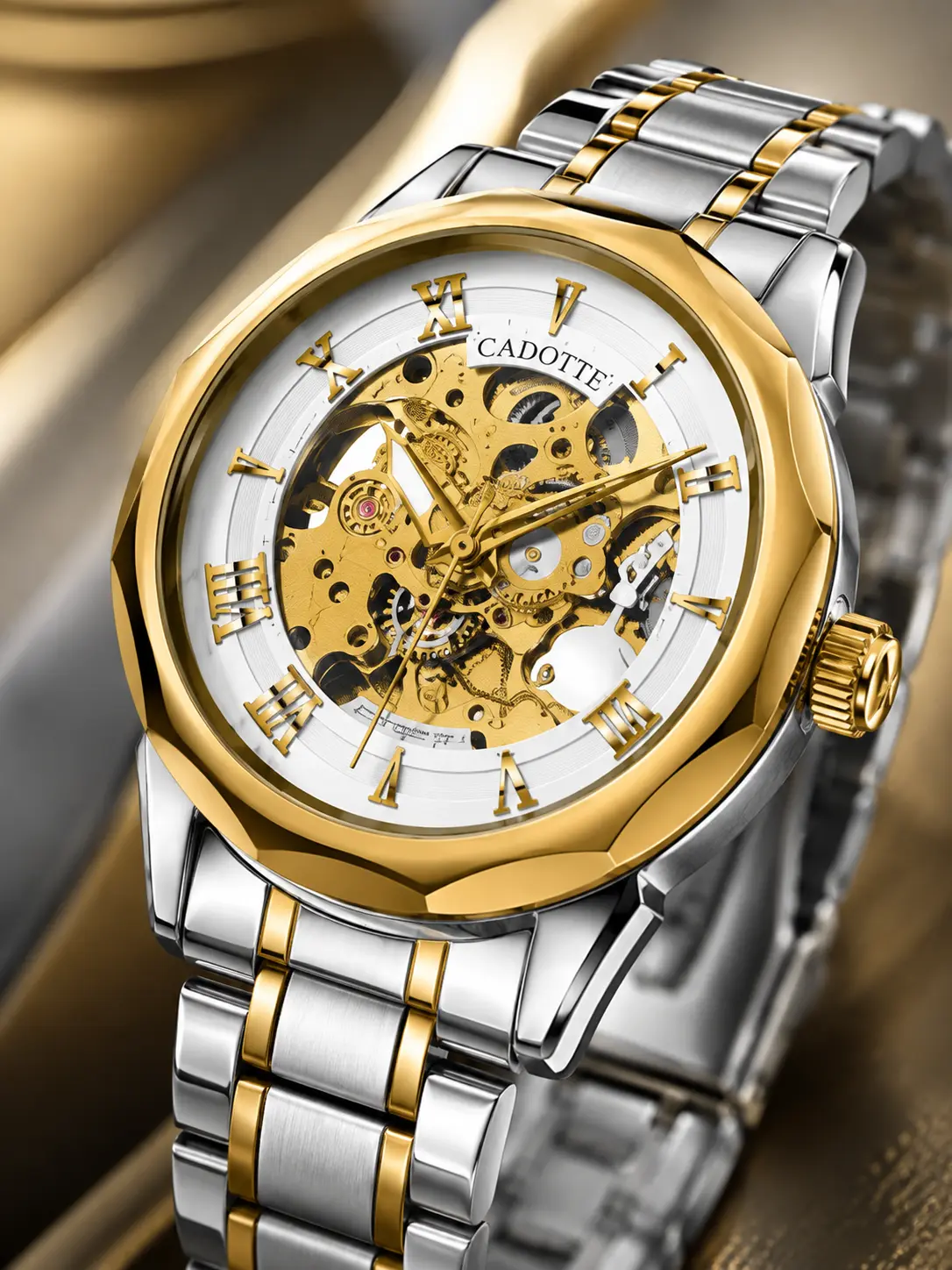 Luxurious men's openwork automatic mechanical wristwatch with a two-tone stainless steel strap, business dress watch