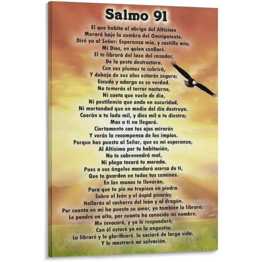 Religious Sunset Eagle Wood Framed Canvas Wall Art - Artistic Salmo 91 Spanish Bible Verse, Waterproof Gallery Wrap, Protection Faith Christian Home Decor, Modern Gift for Mom Graduation