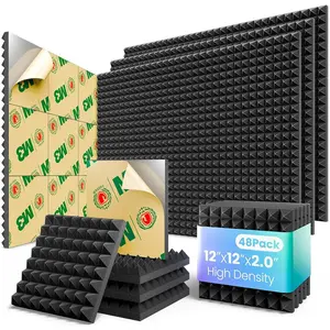 Acoustic Panels 48 pack Pyramid Self-Adhesive Upgrade,2"X12"X12" Sound Proof  Panels for Walls -Expand,Acoustic Wall Panels High Density Sound Absorbing for Gaming&Studio Decor,Black