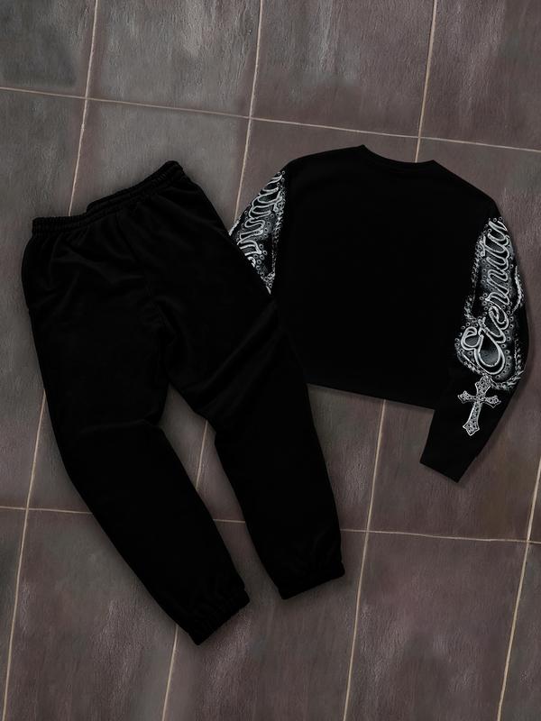 Men's Angel Print Warm Hoodie and Drawstring Waist Sweatpants Set, Casual Fitted Two-Piece, Spring & Fall Fashion