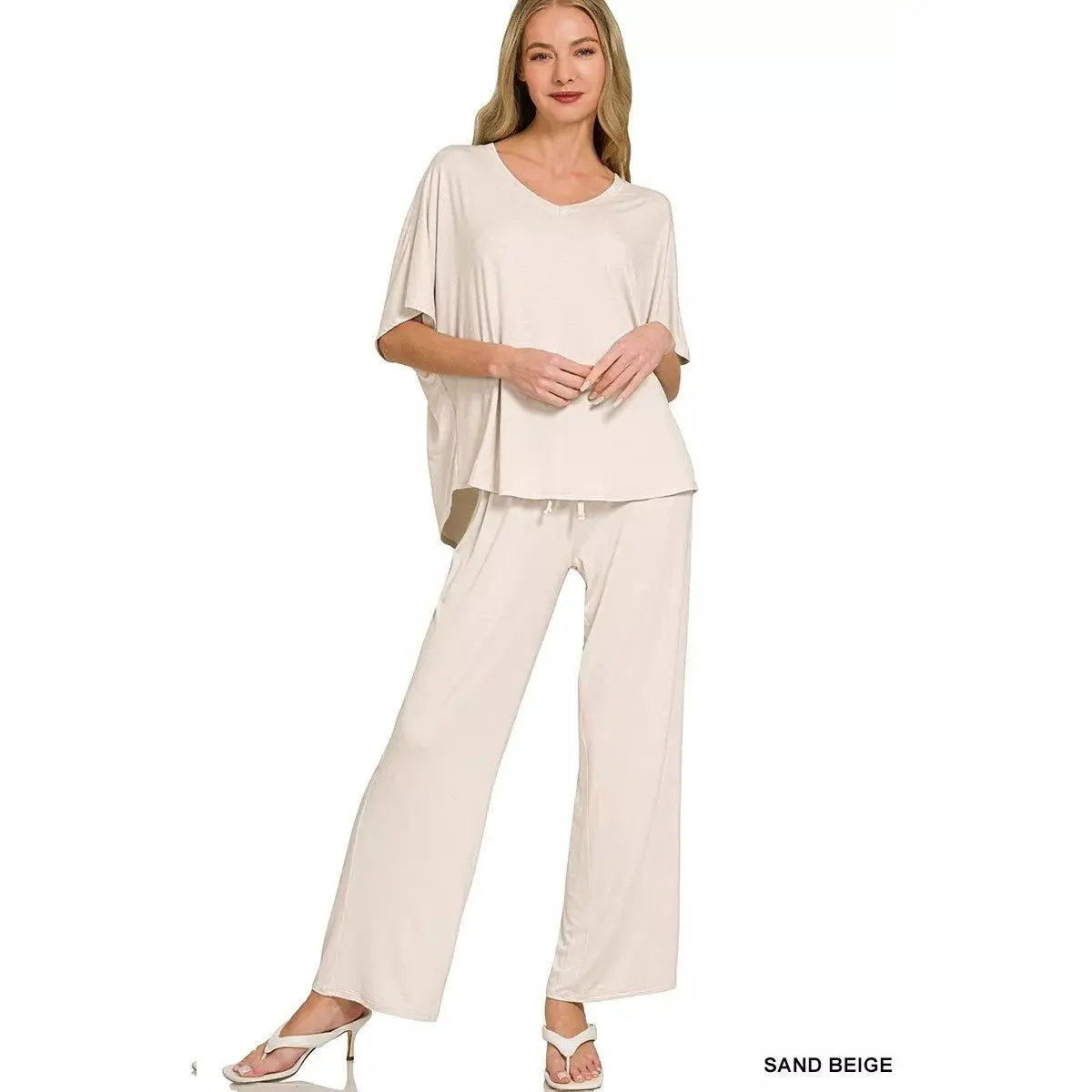 Women's Zenana V-Neck Oversized 2-Piece Matching Top & Pants Set - Sand Beige, Chic Basic Women's Clothes, Minimalist Style, Slightly Stretchy, 95% Rayon 5% Spandex, Comfortable, Machine Wash Cold, Tumble Dry Low, All Seasons, Casual Fit