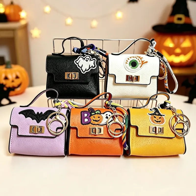 Halloween‑Themed Mini Square Bag Pendant Keychain - High Quality Leather with Colorful Strap, Cute Car Keychain & Bag Charm Accessory, Great for Halloween Gift Exchange, #sohochic