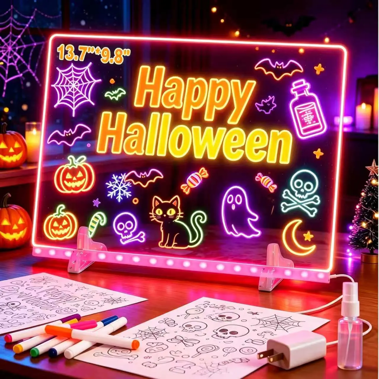 LED Note Board with Colors, 13.7"X9.8" 4 Modes &7 Colors Acrylic Dry Erase Boards with Light,7 Markers, Include Adapter, Hanging Chain, Led Drawing Board for Kids with Stand,Children's gift, Christmas gift，Halloween gift