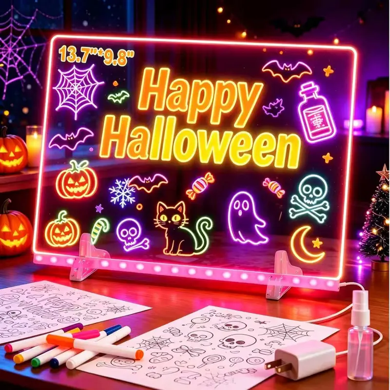 LED Note Board with Colors, 13.7"X9.8" 4 Modes &7 Colors Acrylic Dry Erase Boards with Light,7 Markers, Include Adapter, Hanging Chain, Led Drawing Board for Kids with Stand,Children's gift, Christmas gift，Halloween gift