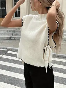 Elegant Women's Half High Neck Fitted Knit Vest, Colorblock Side Bow Tie Knot Design, Sleeveless Casual Top for Spring Summer Fall, Womenswear Piece