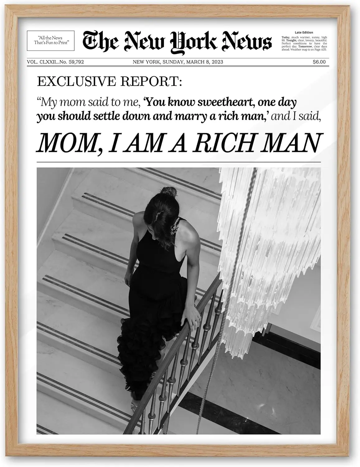 Home Decor Spirit Trendy Newspaper Wall Art, 12x18 in Mom I Am a Rich Man Canvas Art, Magazine Girly Poster College Dorm Decor, Set of 1 for Bedroom Living Room UNFRAMED
