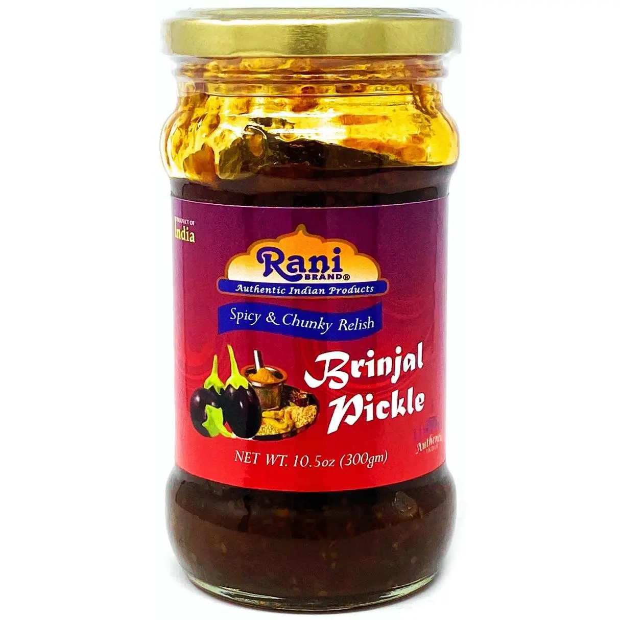 Rani Brinjal (Eggplant) Pickle Mild (Achar,Indian Relish) 10.5oz ~ Glass Jar, All Natural | Gluten Free | NON-GMO | No Colors | Indian Origin