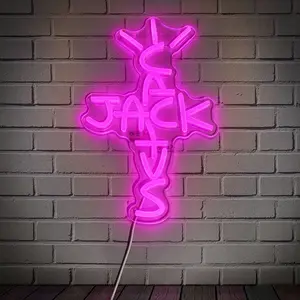 Blue Cactus Cross LED Neon Sign, Wall-Mounted Adjustable Light, Acrylic Material, Ideal for Trendy Stores, Bars, Parties