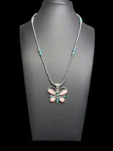 Handcrafted Pink Conch & Kingman Turquoise Butterfly Pendant